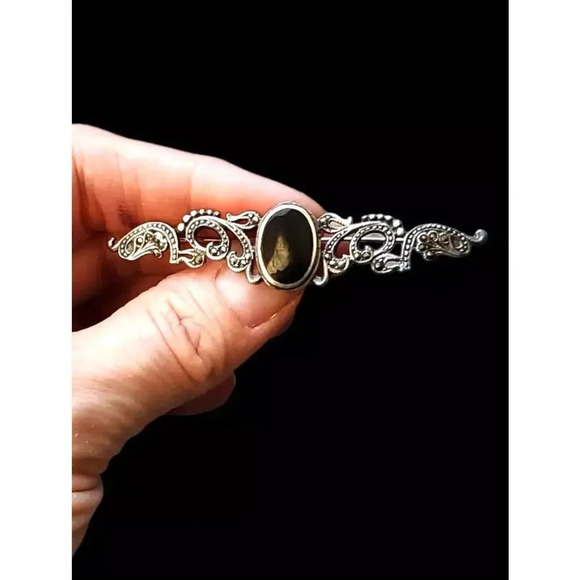 VTG Onyx & Marcasite Sterling Silver mourning Collar Brooch Pin 925 silver - Picture 8 of 9